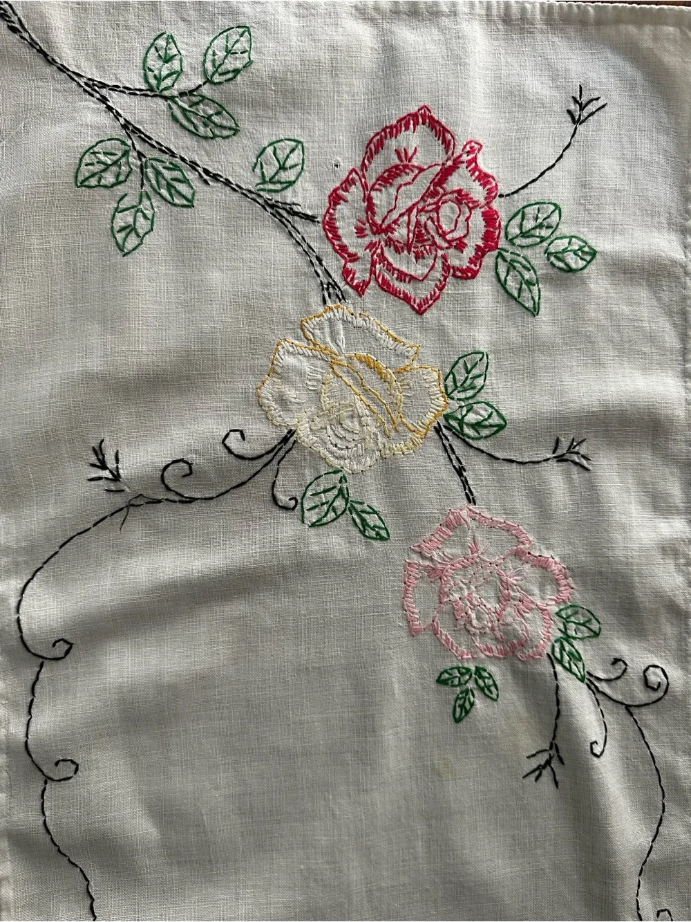 Vintage Hand-Embroidered Floral Runner